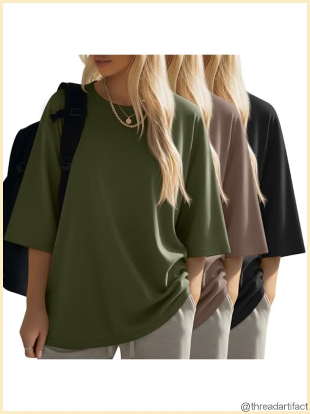 3/4 Sleeve Oversized Cotton Blend T-Shirts Women Loose Fit Crew Neck